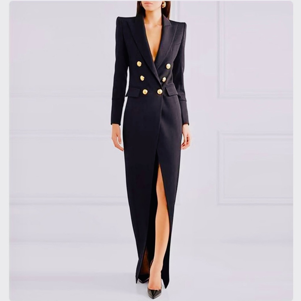 NWT Double Breasted Black Tuxedo Dress w Gold Accents on Front Zips in back Sz M - Picture 3 of 7